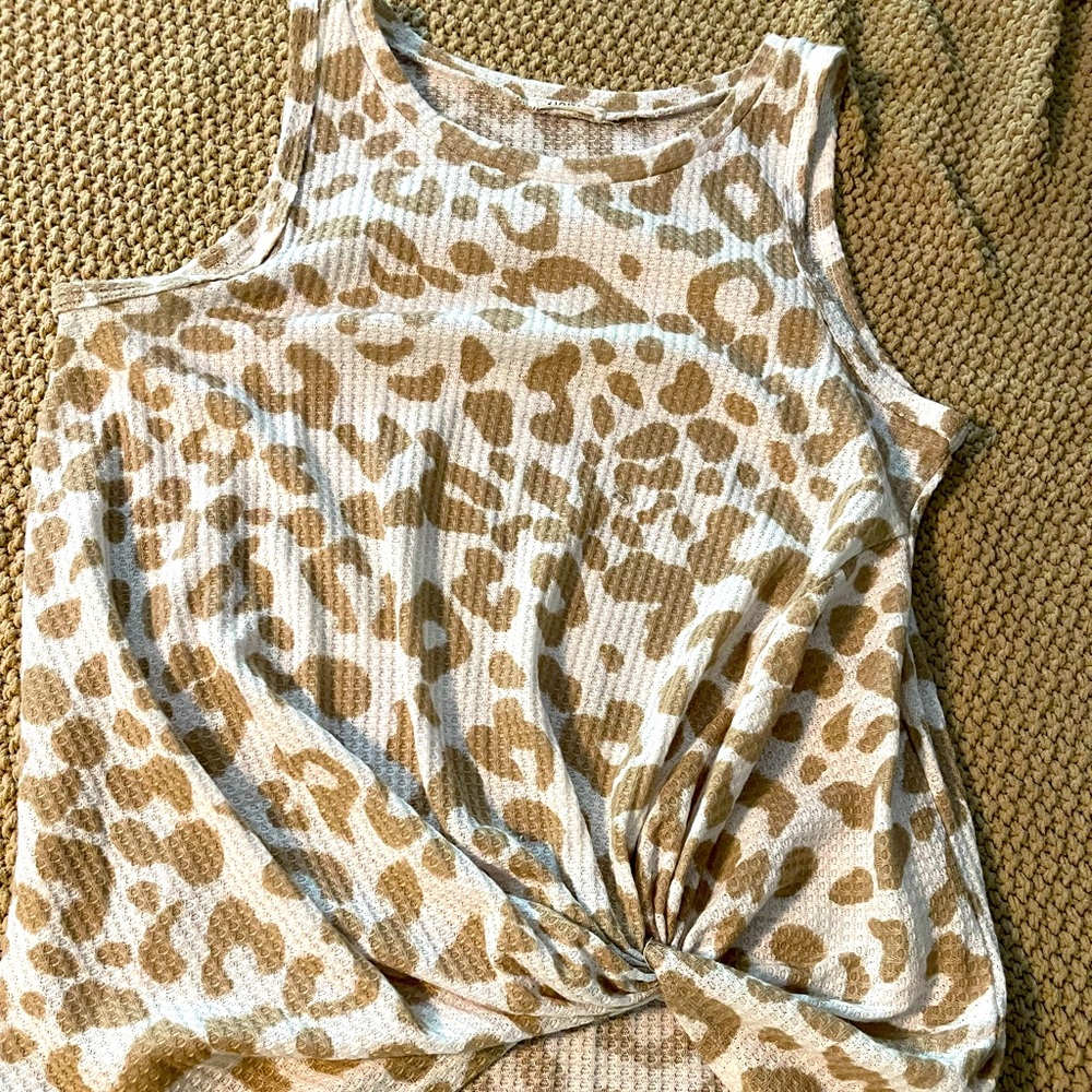 Cheetah print tan and white tank with cross knot detail on front